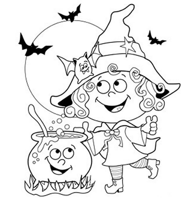 Online coloring book: Coloring page of a girl dressed as a witch in Halloween